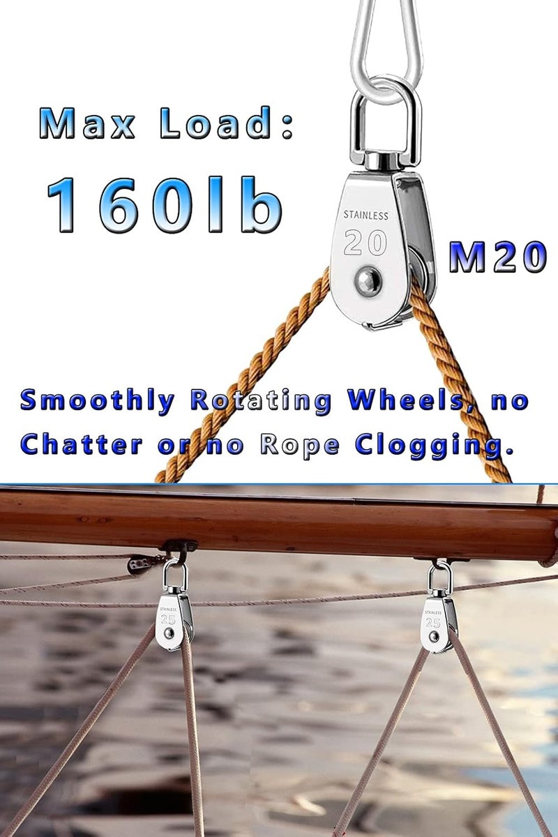 Lsqurel Cable Pulley, Can Swivel Rope Pulley 304 Stainless Steel Pulley Block Small Heavy Duty Pulley M15 M20 M25 M50 Pulley Wheel for Pulley System, Gym Equipment, Hanging, Lifting, etc - Image 3